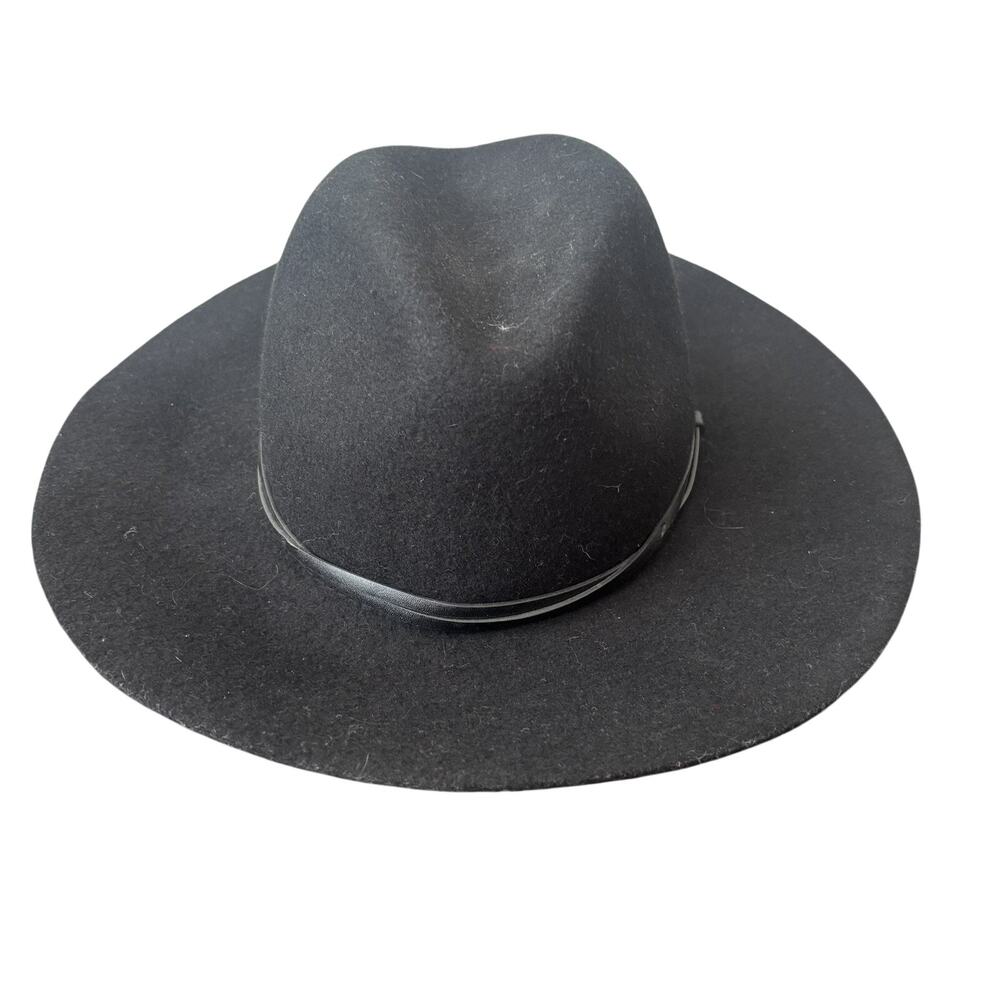 Wyeth Fedora Hat Black Wide Brim 100% Wool Felt Boho Leather Detail